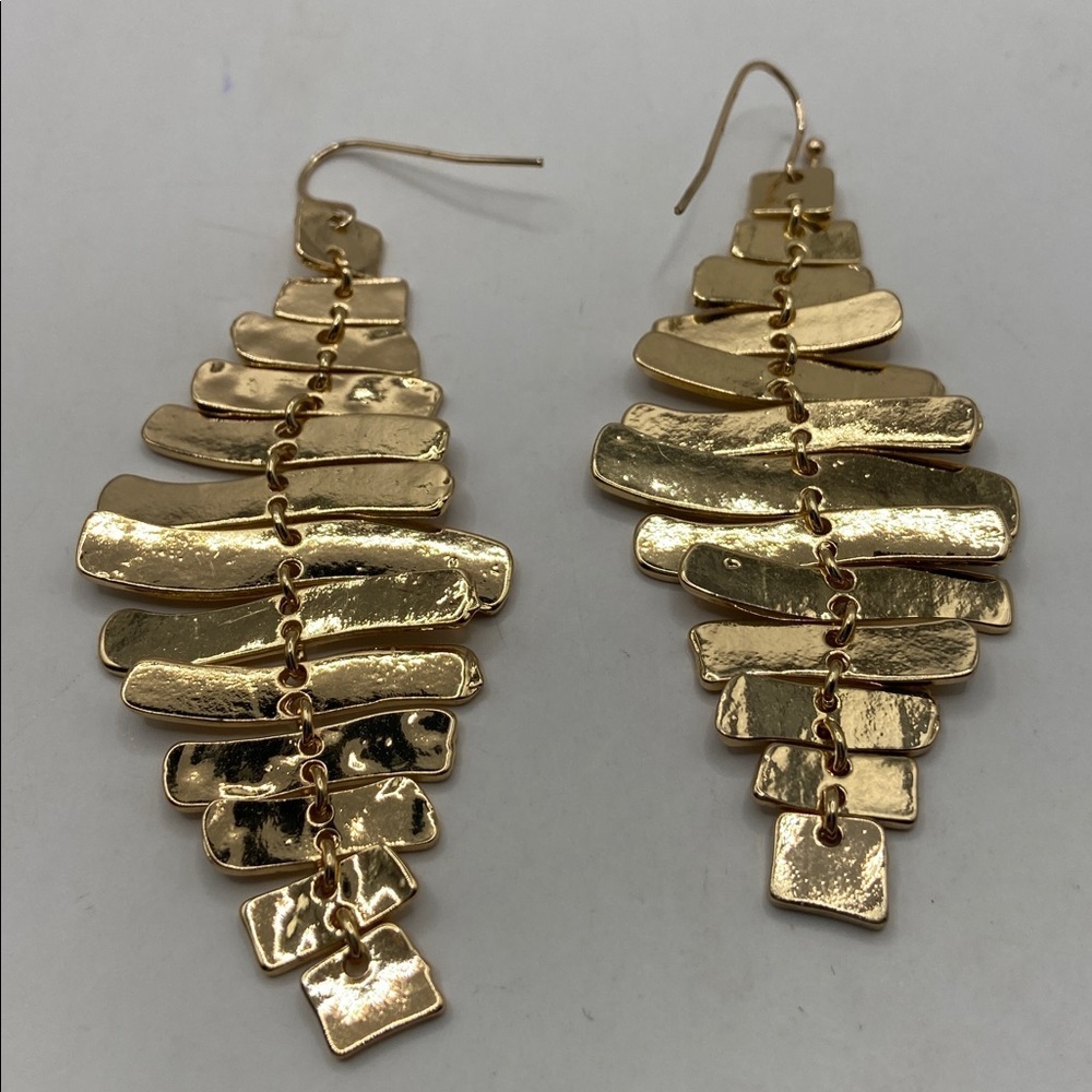 Gold Tone Fishbone Ladder Dangle Earrings Whimsygoth Wedding Guest 3”L - Picture 6 of 8